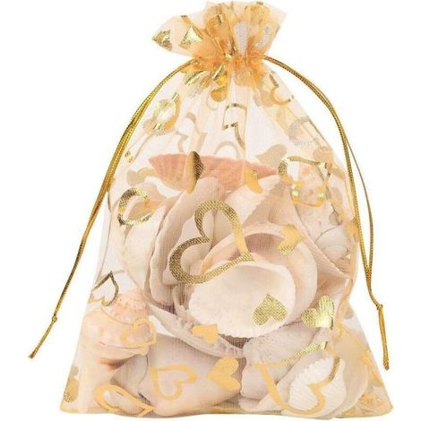Sacchetti a forma di cuore in organza con coulisse – 100 pezzi, 9 x 12 cm, oro, ideali per matrimoni, Natale e bomboniere.