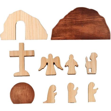 Ensemble de figurines religieuses chrétiennes en bois représentant la scène de la Résurrection de Pâques (1/4)