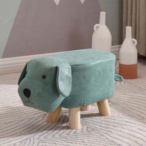 Niedrige Kinderhocker aus Holz, niedliches Cartoon-Design, kleiner hundeförmiger Hocker fürs Kinderzimmer, hellgrün.