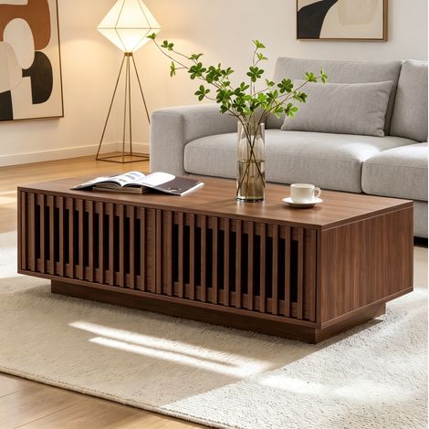 Tavolino da salotto rettangolare 100x50x35 cm, 2 ante a griglia, vano separato, MDF e truciolare, noce (1/5)
