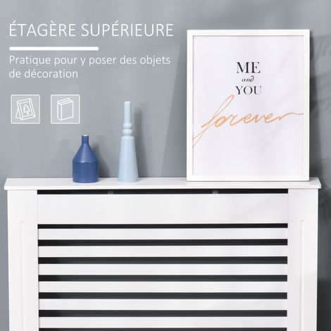 Couvre-radiateur Design Lattes MDF Blanc 112x19x81cm Étagère Intégrée Robuste Élégant Salon Chambre Montage Facile (1/5)