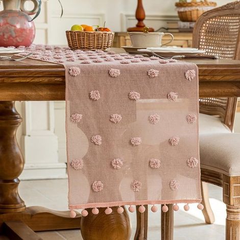 Rosa Tischläufer aus Kunstpelz-Jacquard mit Quasten, 35 x 180 cm (1/5)