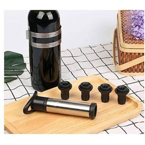 Pompe à vin acier inoxydable, pompe à vide conservation vin, retire air et scelle sous vide, avec 4 bouchons. (1/5)
