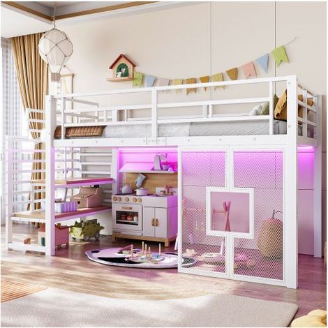 Lit Mezzanine 90x200cm Métal Blanc Escalier Rangement Éclairage LED - Lit Enfant - Design Cabane Fenêtre Sommier Sécurisé Gain Place (1/5)