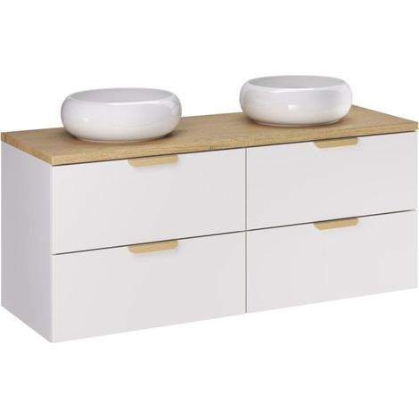 Badezimmer-Set OSTER 120cm: Unterschrank mit Schubladen + Platte für Waschbecken + aufgesetztes rundes weißes Waschbecken