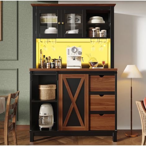 MEUBLIV Credenza alta da cucina nera con LED, porta scorrevole, 3 cassetti (1/5)
