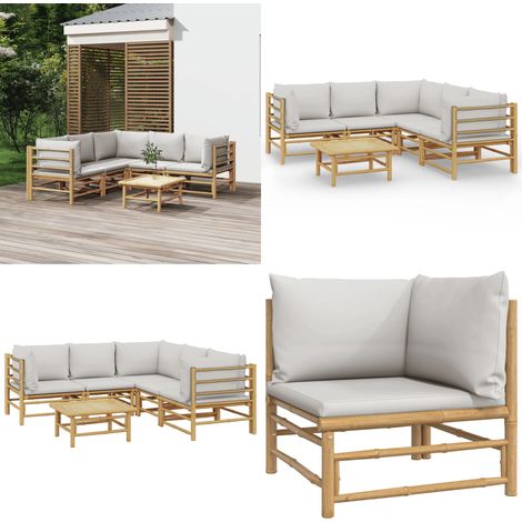 6-tlg. Garten-Lounge-Set mit Kissen Hellgrau Bambus - Bambus Möbel - Gartenloungeset - Outdoor Möbel - Gartenmöbel - Esstisch - Home & Living (1/5)