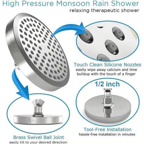 BDD Douche haute pression galvanisée Pommeau de douche haute pression rond 6" Jet supérieur chromé etterie sanitaire Jet supérieur argenté ABS sans coude (1/4)