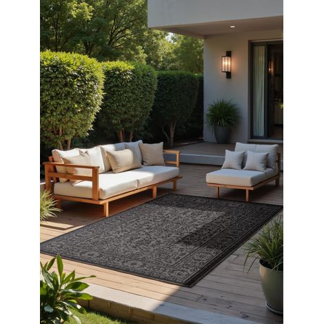 Tapis d'intérieur et d'extérieur réversible Classique tissé à Plat, résistant aux intempéries et aux UV, pour Balcon, terrasse, Jardin, Noir Blanc, 160 x 230 cm (1/5)