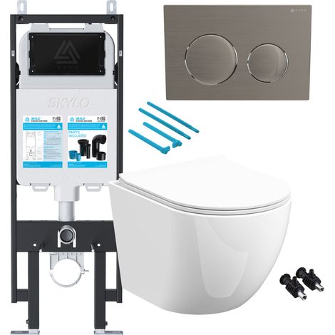 Gloss White Rimless D Shape Wall Hung Toilet with 1.14m Concealed Cistern Frame Set - Brushed Nickel Plate