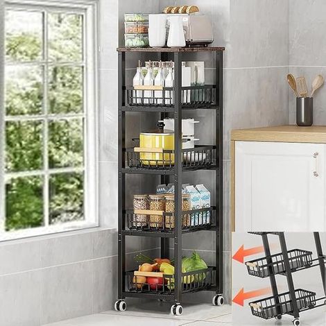 Wire Basket with Wheels, Stackable Storage Box, Kitchen Shelf, Trolley Tray for Fruits and Vegetables and Sliding Drawers (1/5)