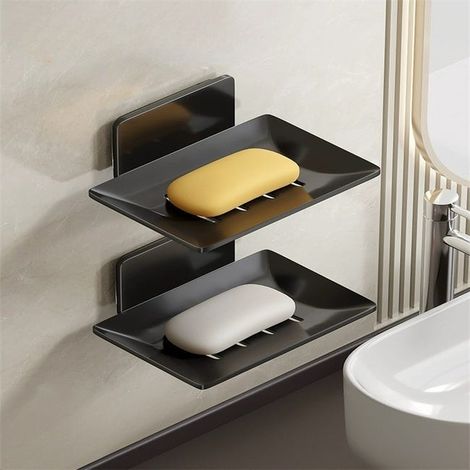 Nicht perforiertes Seifenschalen-Set zur Wandmontage, 2er-Set, Seifenschale aus schwarzem, grauem Aluminium, Seifenschale zur Wandmontage, Badezimmer-Aufbewahrungsregal