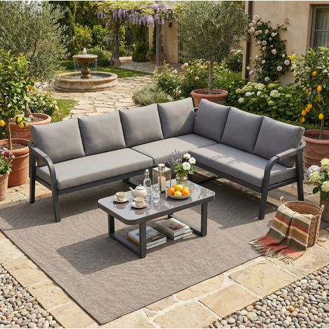 divano seduta 6 posti con tavolino vetro grigio OKMYHOME (1/5)