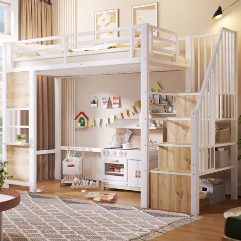 Lit mezzanine enfant 90x200 cm avec escalier de rangement, garde-corps, paroi fenêtre à étagères et espace de jeu ouvert, métal et MDF, Blanc (1/5)