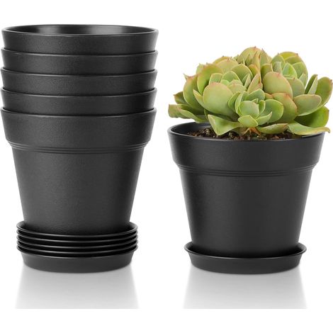 Maceta de plástico de 6 uds., sistema de riego negro de 4 pulgadas con orificio de escape adecuado para jardines de balcón interior y exterior (1/5)