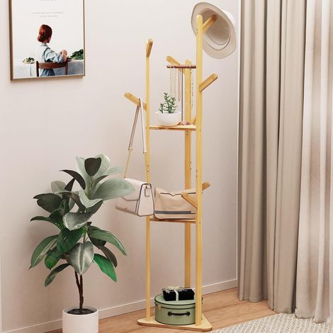 Hofuton Porte-Manteau sur Pied en Bambou Meuble d’Entrée Portant pour Vêtements Chapeaux Sacs Rangement avec 9 Crochets pour Salon Chambre (1/5)