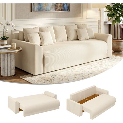 Canapé-lit 3 places 230 cm avec fonction couchage, coussins, espace de rangement, aspect velours côtelé, beige, idéal pour le salon. (1/5)