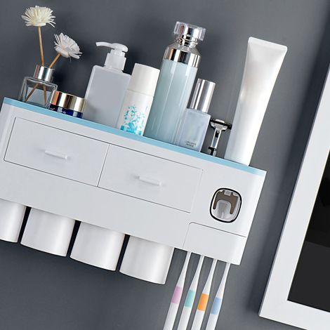 Porte-brosse à dents magnétique inversé, presse-tube de dentifrice et 4 gobelets bleus. (1/5)