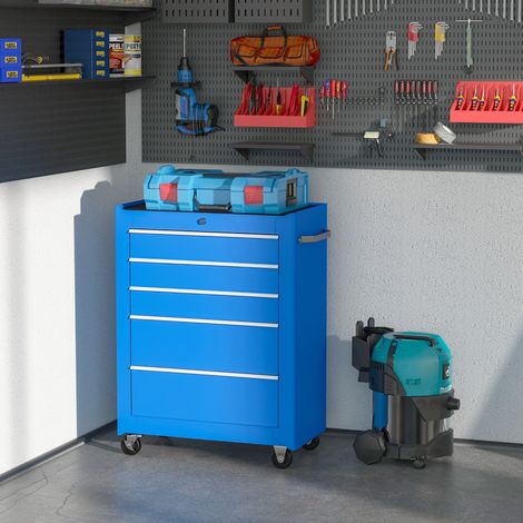Carro de Herramientas para Taller con Ruedas 5 Cajones Armario con Cierre y Asa Lateral 61,5x33x82,5 cm Azul (1/5)