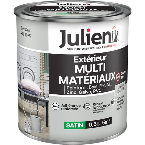 Julien Peinture Multi-Matériaux Satin en phase Aqueuse - Bois, Fer, Alu, PVC, Zinc, Acier galvanisé, brut ou peint - Gris Clair 0,5 L