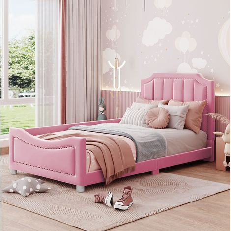 Kinderbett 90/200 cm rosa aus Holz und Flanell mit Rückenlehne und Lattenrost (1/5)