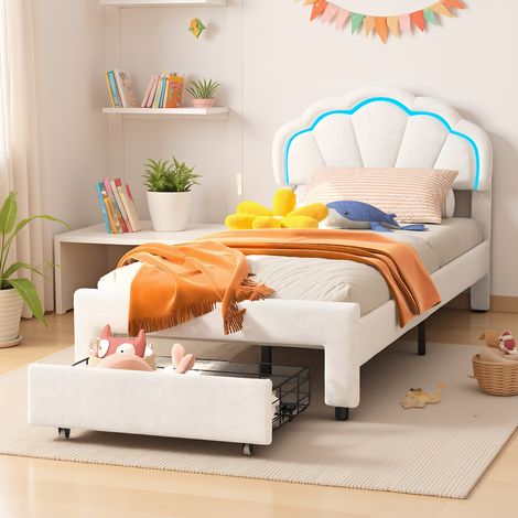Kinderbett 90x200 cm mit 1 Schubladen, Polsterbett mit LED Beleuchtung, Modernen Einzelbett, Bettgestell mit Kopfteil und Lattenrost, Velour Weiß (Ohne Matratze)