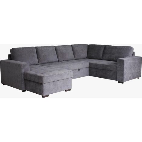 CYRUS Canapé panoramique convertible avec coffre en tissu gris - Angle gauche (1/5)