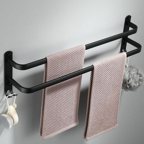 Porte-serviettes mural en aluminium - 2 étages - Avec crochets - 30 cm - Étanche - Noir - Pour salle de bain, cuisine, salle de bain (1/5)