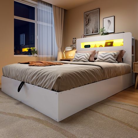 Letto contenitore 140x200 cm bianco in legno, testiera con prese e LED (1/5)