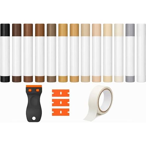 Set de Réparation pour Sols 12 Teintes - Enduit de Rebouchage pour Rayures et Éclats sur Parquet, Stratifié, Carrelage, Vinyle et Bois (Coffret 12 Couleurs Marron-Blanc)