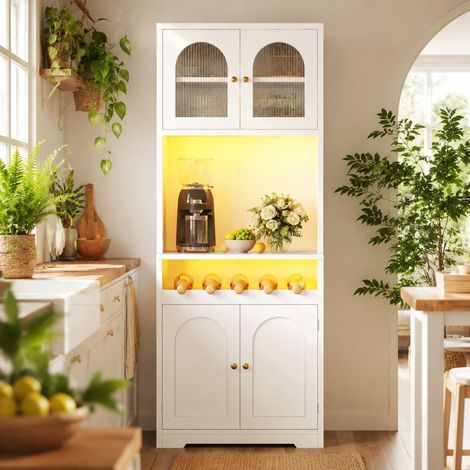 Credenza alta bianca 180 cm con LED RGB, ante in vetro arcuate, portabottiglie e antiribaltamento (1/5)