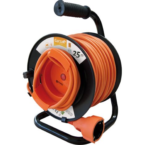Garza - Avvolgicavo da esterno 25 m con maniglia, presa Schuko con sicurezza bambini, protezione da sovraccarico, IP21, potenza massima 3500 W