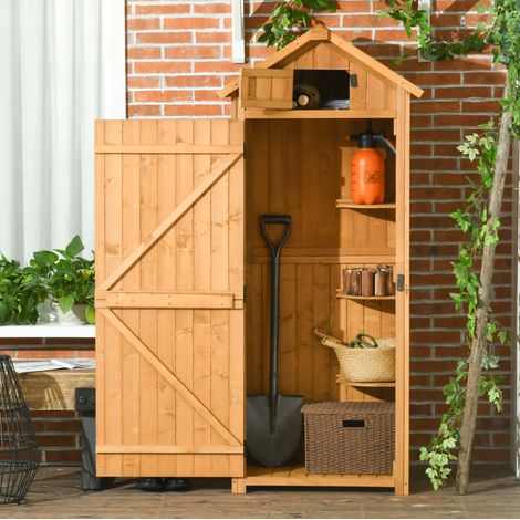 Armario de jardín de madera con estantes extraíbles y techo impermeable 77x54,2x179 cm (1/5)