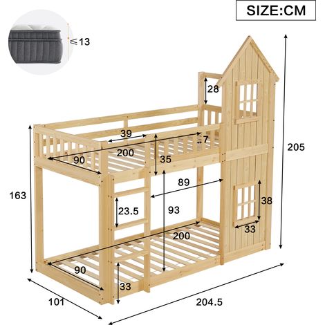 Lit superposé enfant, lit cabane avec 2 fenêtres, forme maison, échelle 3 marches, barrières de sécurité, pin + MDF, couleur naturelle, 90x200 cm (1/5)