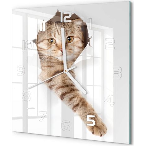 Horloge Murale Carrée Salon Cuisine Chambre Verre Trempé Silencieuse Moderne Chat 30x30 cm (1/5)