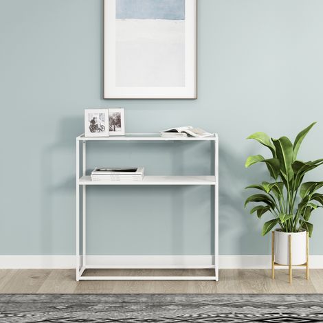 Table console Kuhmo métal verre trempé 80 x 80 x 30 cm blanc transparent [en.casa] (1/5)