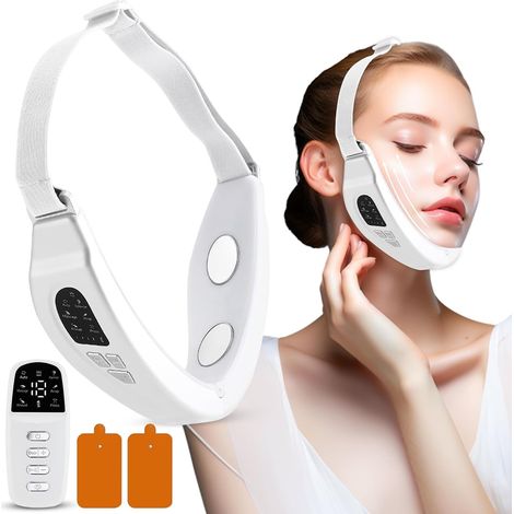 Massaggiatore facciale elettrico, lifting EMS, bianco, 6 modalità, 18 livelli di intensità, per la riduzione del doppio mento, con telecomando. - AquaForge (1/5)