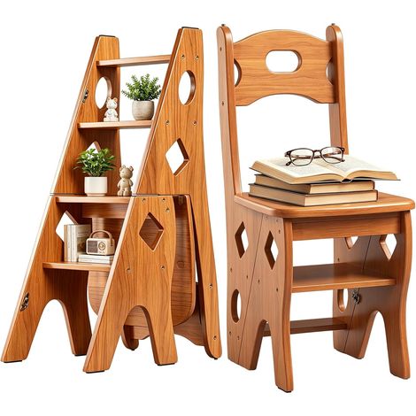 4 Marches Escabeau, 2-en-1 Marchepied et Chaise, Marchepied Domestique Chaise de Bibliothèque Pliante en Bois Massif (Charge Maximale 180 kg), Escabeau pour Cuisine, Maison et Bibliothèque (1/5)