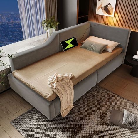 lit coffre 90x190,rangement hydraulique, lit une personne, lampe lecture, ports USB-C,confort velours,Sommier lattes bois (1/5)