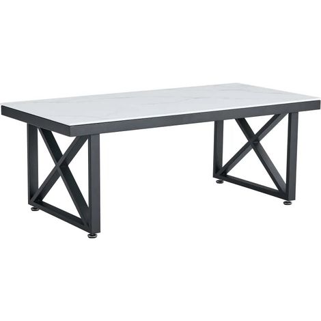 Table Basse LEVANTO Plateau Verre Trempé Marbré Blanc Structure Métal Noir 120x60x45cm (1/5)
