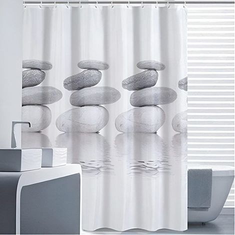 Store enrouleur de douche gris imperméable à motif galets. Largeur : 120 cm (Convient aux cloisons de salle de bain). (1/5)