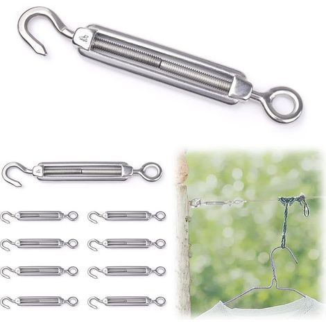 Lot de 10 crochets et œillets M4, tendeur C à O, en acier inoxydable 304, kit de matériel pour câble métallique tension très résistant, pour pare-soleil, installation d'auvent de tente (1/5)