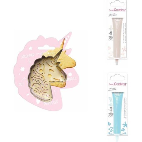 Kit pour biscuit en relief Licorne + 2 Stylos au chocolat blanc et bleu pastel