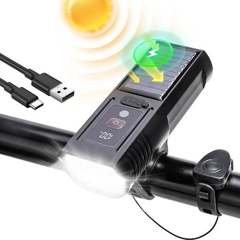 Solarbetriebene Fahrradlampe – ultrahelle Nachtfahrradlampe mit elektrischer Klingel – wiederaufladbare Fahrradlampe – und wasserdicht (1800 mA) (1/3)