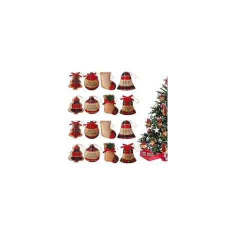 16 Pièces Ornements de Noël en Toile de Jute, 8 Modèles Ornements Suspendus de Noël à Carreaux Rouges Ornements de Cloche Sapin de Noël Boule Stockage pour Noël Fête Décoration (12cm x 12cm)