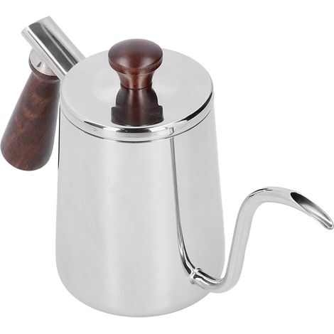 Cafetière portable en acier inoxydable avec poignée en bois et long bec verseur en col de cygne, couleur argent, 700 ml