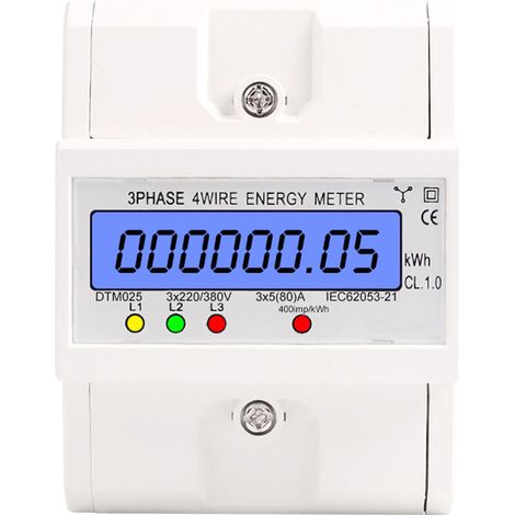 Medidor de energía trifásico de 220/380 V, 5-80 A, 4 cables, consumo de energía en kWh, montaje en riel DIN, digital, con pantalla LCD retroiluminada.