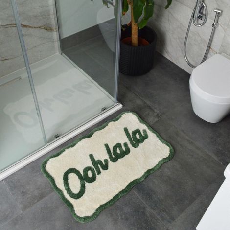 Tapis de bain festonné à slogan « Ooh La La » antidérapant 50 x 80 cm ultra doux absorbant et à séchage rapide motif festonné amusant (vert/crème) (1/4)