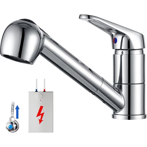 Auralum Niederdruck Küchenarmatur Wasserhahn Küche ausziehbar 360° drehbar Spültischarmatur mit Brause, Edelstahl Küchenwasserhahn, Chrom (1/5)