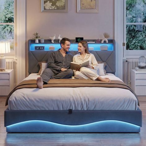 Polsterbett 160x200 cm mit Bettkasten - Bettgestell mit Stauraum-Kopfteil, LED-Beleuchtung und USB-Ladefunktion - Samt & MDF - Grau